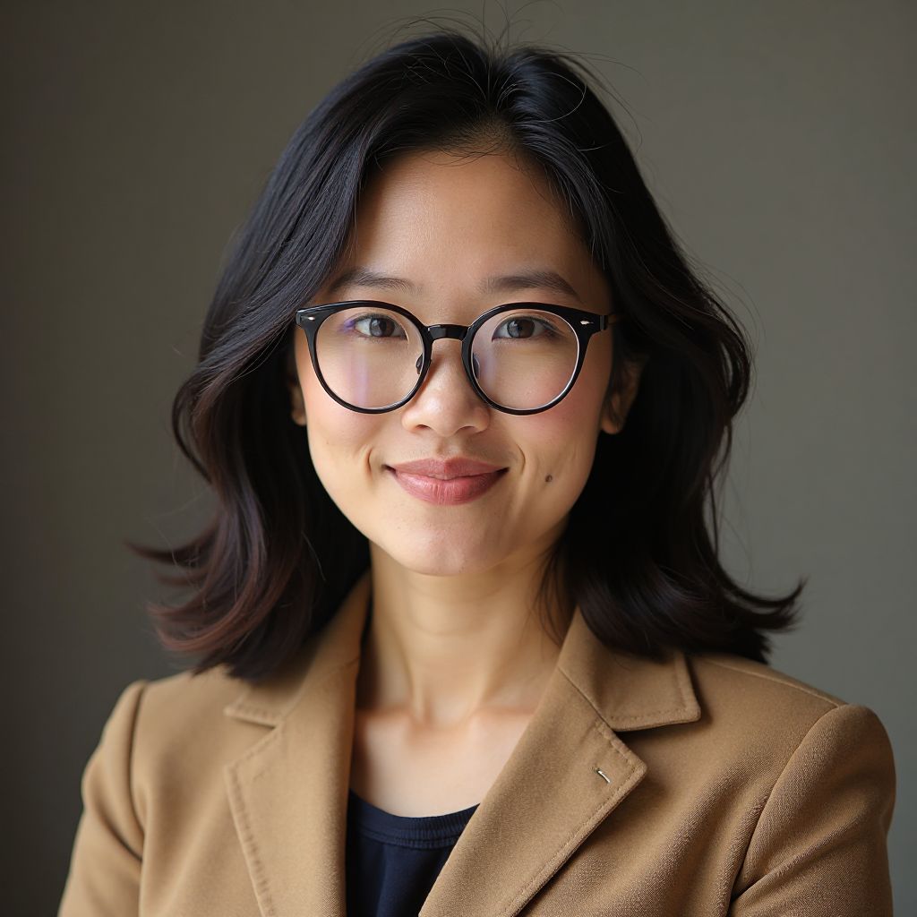 Dr. Amara Chen, female anthropologist with glasses in casual professional attire